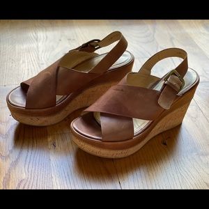 Wedge sandal, brown leather, cork heel